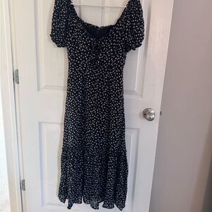 Black and White Daisy Puff Sleeve Off The Shoulder Midi Dress